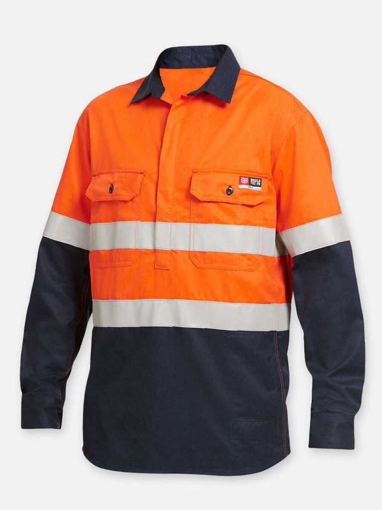 [9400083088086] Y04550 - Shieldtec Hi-Vis Spliced Long Sleeve Shirt FR Tape (S, ORANGE/NAVY)
